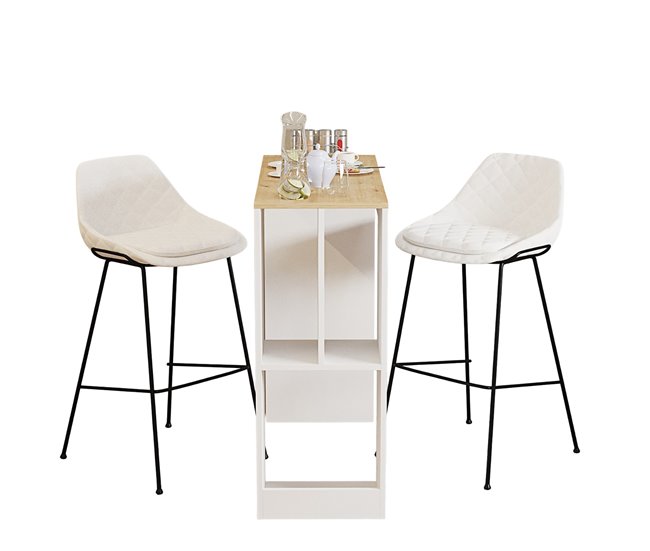 Mesa de cocina alta fija con estantes CLARA Blanco/ Madera