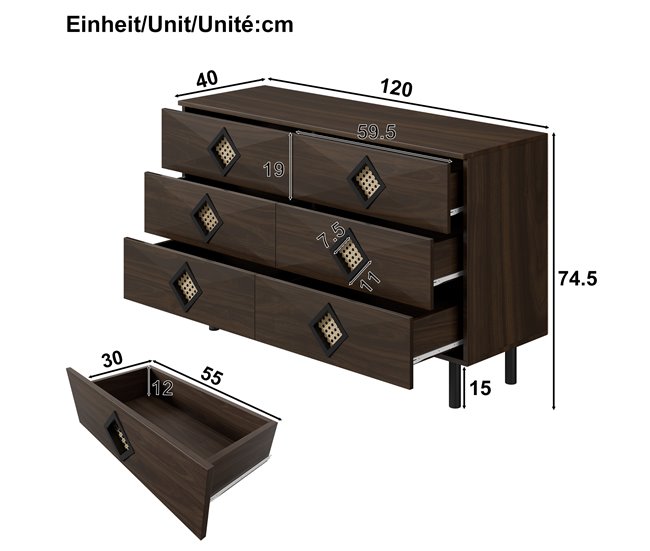 Cómoda doble con 6 cajónes Nogal