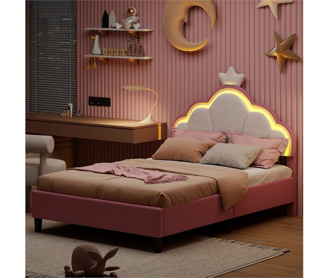 Cama, LED, Cama infantil, Cama juvenil, Cama doble 94x203 Rosa