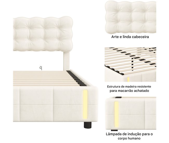 Cama tapizada, luces LED, espacio de almacenamiento Beige