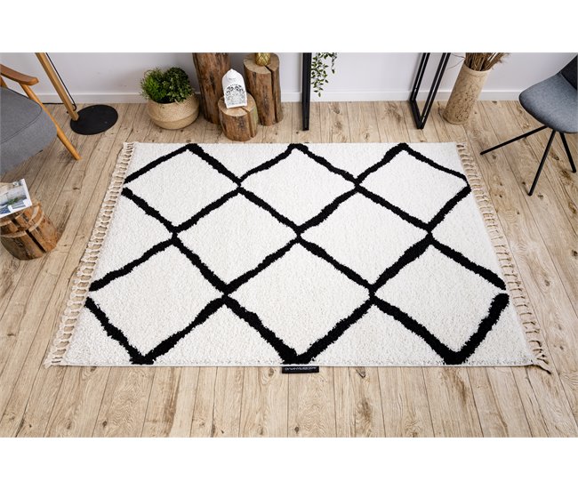 Alfombra BERBER Cuadriculado Franjas Bereber Marroquí Shaggy 140x190 Blanco/ Gris