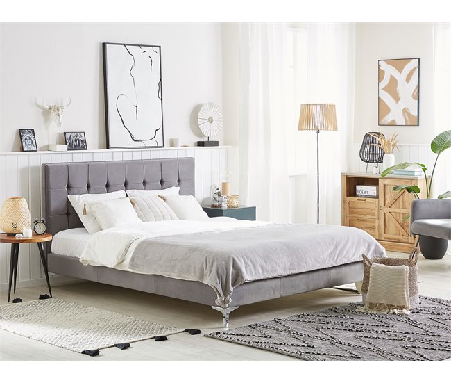 Beliani Cama con somier Terciopelo AMBERT 168x212 Gris