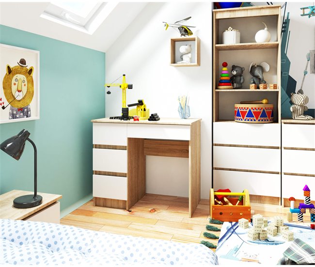 Escritorio A-7 AKORD 4 cajones Roble Sonoma, Blanco 90x50 Blanco/ Madera