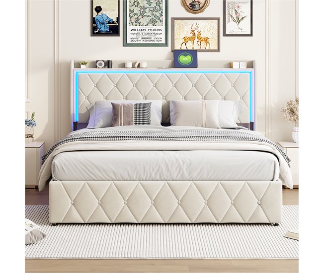 Cama LED, elevación gas, puertos USB/C Beige
