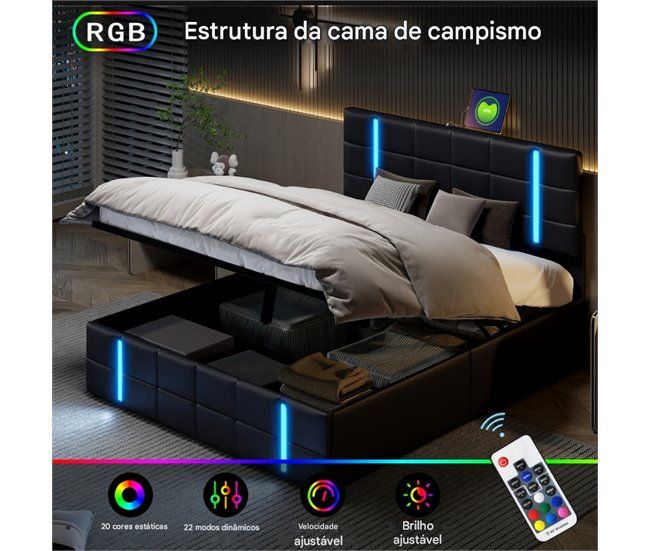 Cama, LED, USB, Tipo-c, Cama juvenil, Cama doble 167x205 Negro