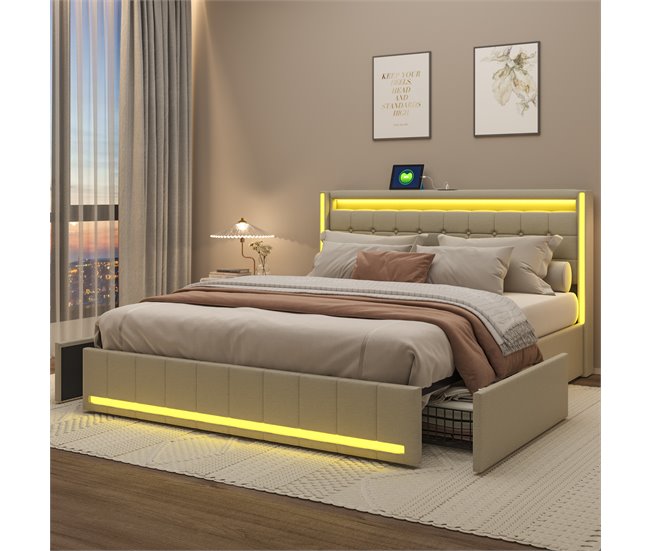 Cama, USB, Tipo C, Cama de Descanso, 4 Cajones, LED 148x213 Beige
