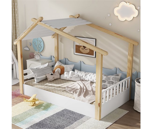 Cama cabaña de madera de pino Natural/ Blanco