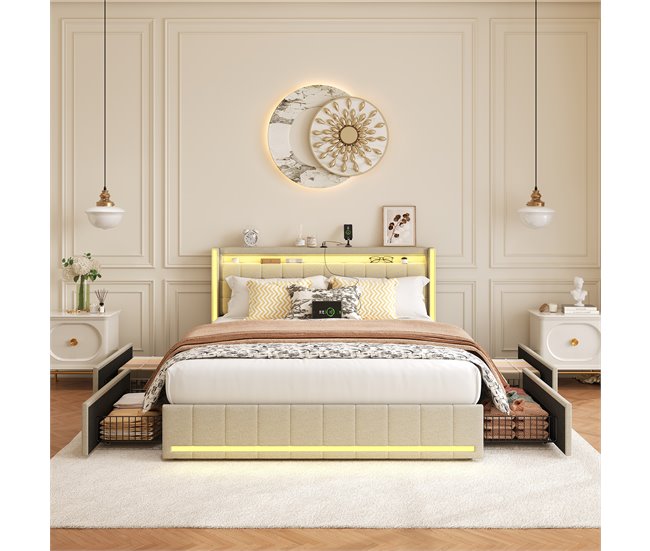 Cama, USB, Tipo C, Cama de Descanso, 4 Cajones, LED 148x213 Beige