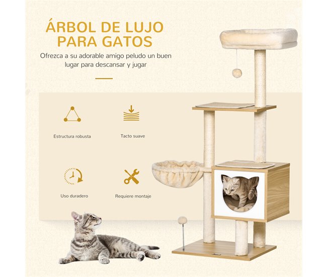 Árbol para Gatos Aglomerado de Madera, Felpa, Sisal PawHut Beige