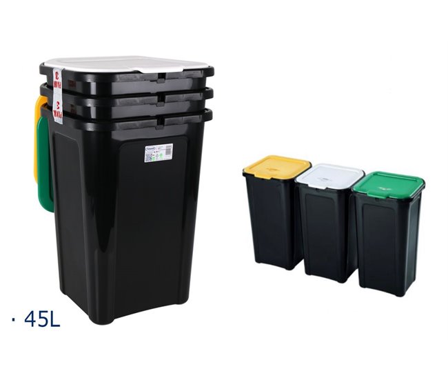Set de 3 cubos de basura para RECICLAJE 45 litros marca CONFORAMA Negro