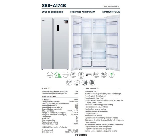 Frigorifico Americano INFINITON SBS-A174B, 505 L, No Frost Total Blanco