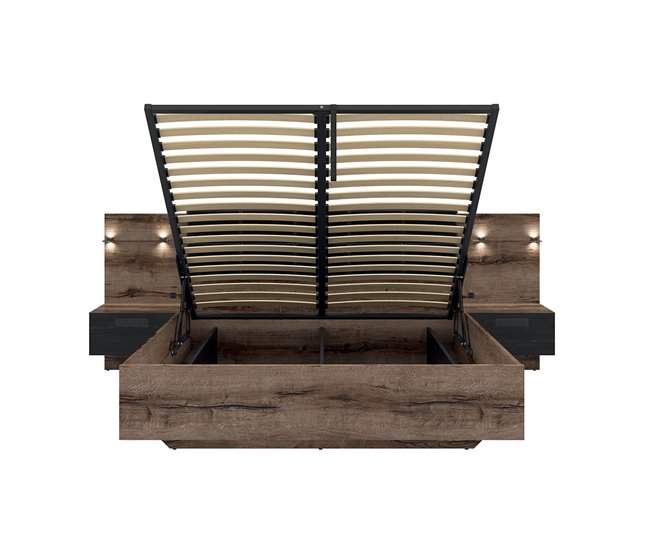 Cama canapé con somier, mesita de noche LED y toma USB Romane Madera