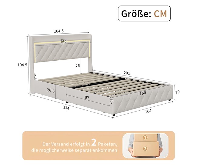 Cama LED, puertos USB, gas, cabecero Beige