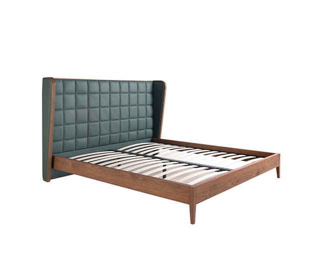 Cama matrimonio tapizada en polipiel  y madera chapada en nogal Verde Oscuro