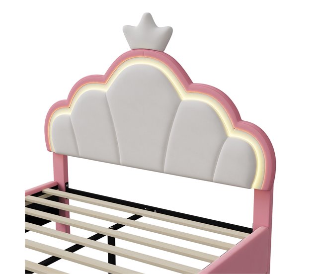 Cama Princesa, con Cabecero Corona Regulable y Luces LED 140x203 Rosa