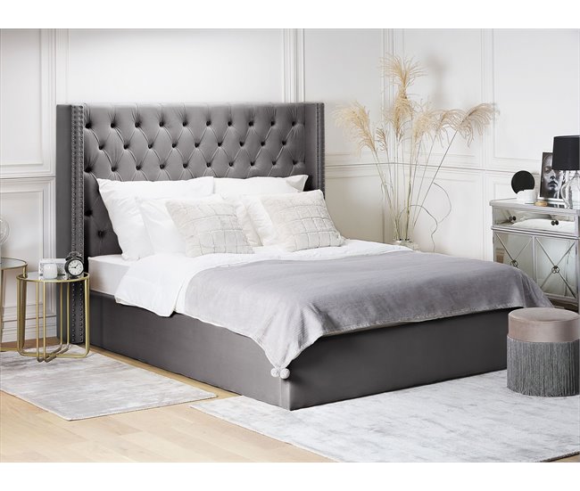 Beliani Cama con almacenaje Terciopelo LUBBON 210x217 Gris