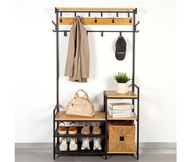 Max Home Perchero zapatero entrada madera y acero 4 estantes Negro/ Madera