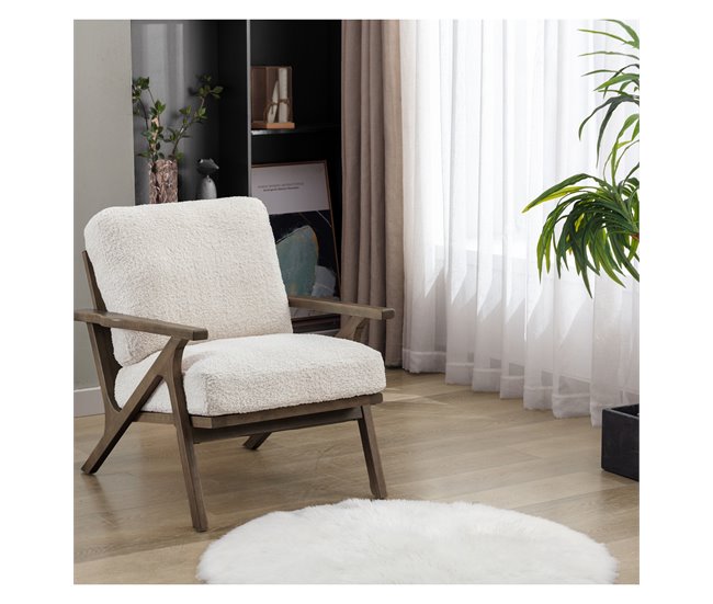 ALAN - Sillón de salón en tejido rizado Army y madera Crudo