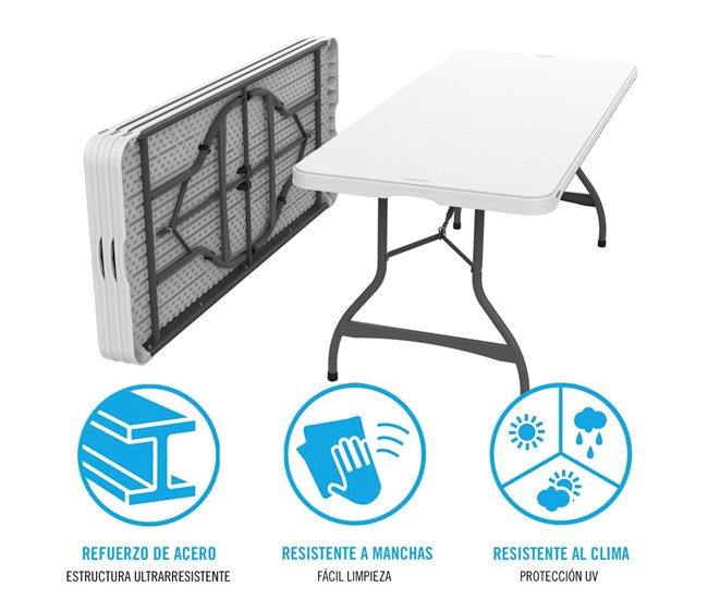 Mesa rectangular patas plegables blanco efecto granito LIFETIME 182 x 76 x 73,5 cm Blanco