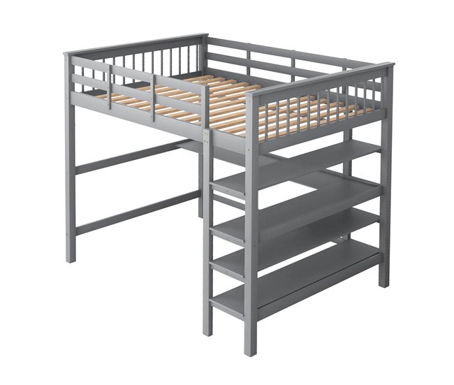 Conforama Cama altillo de pino macizo de 140x200 cm con escritorio y estante de almacenamiento - Gris