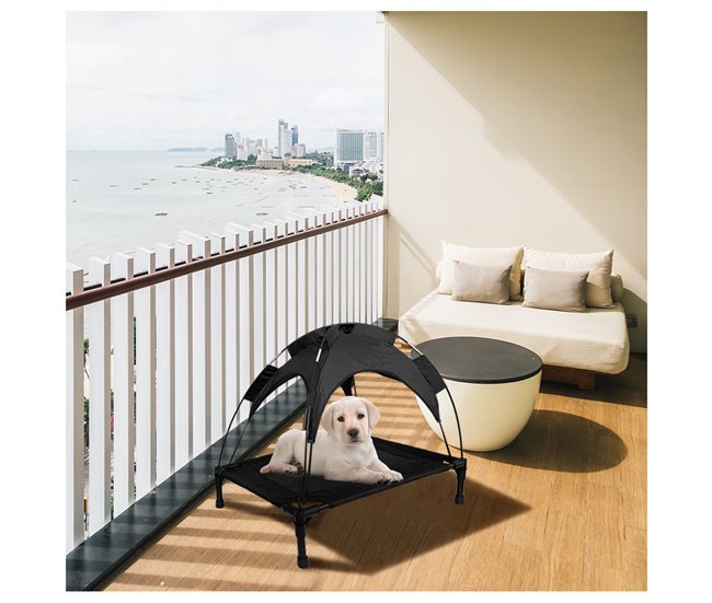 Acomoda Textil – Cama para Perros Elevada con Toldo Impermeable. Negro
