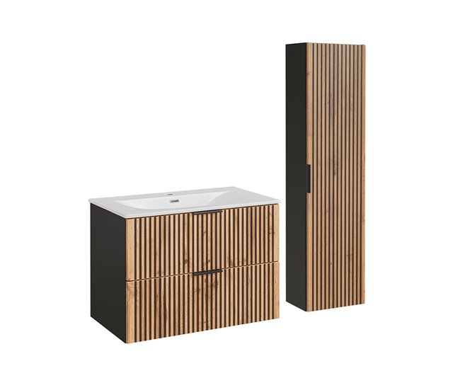 Conjunto mueble lavabo individual encastrado y columna Gaia Madera
