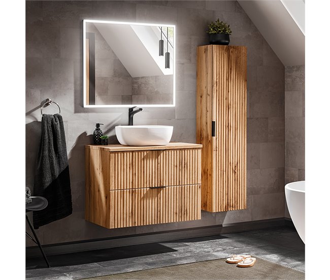 Conjunto de muebles con lavabo espejo LED y columna Adriel 80 Madera