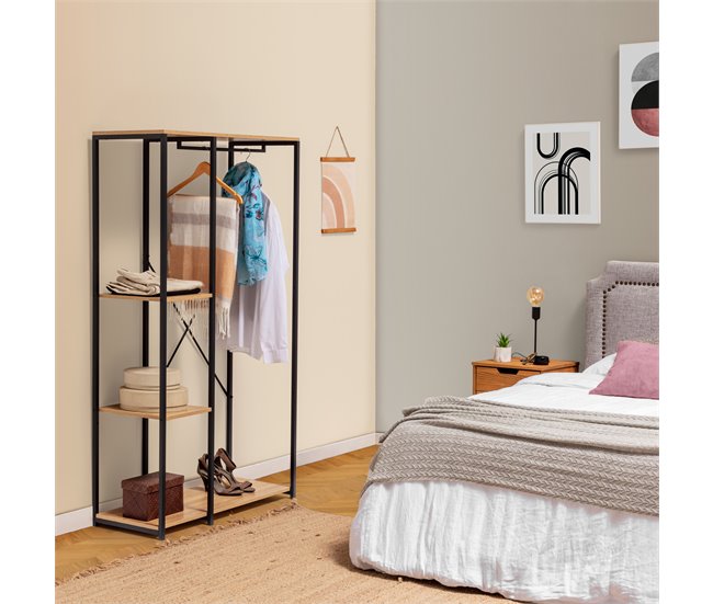 Perchero Lola con banco 3 estantes, color roble/negro, 167 cm altura Madera