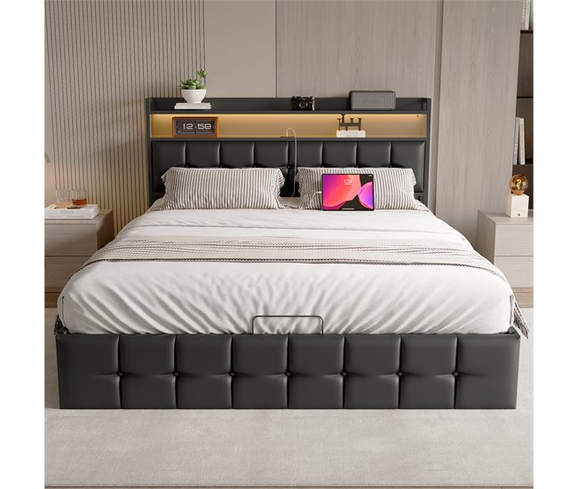 Cama doble con puerto USB, LED y almacenaje. Negro
