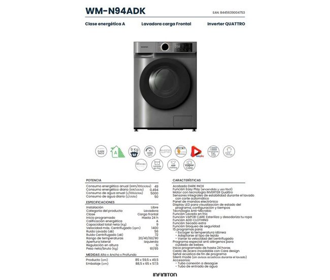Lavadora Infiniton WM-N94ADK, 9 kg, 1400 rpm, Inverter, A Negro/ Inox