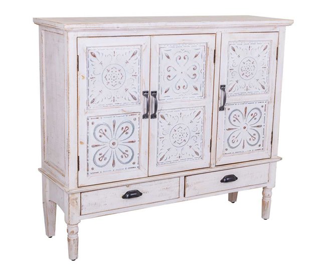 Aparador de madera tallada 3 puertas y 2 cajones Blanco