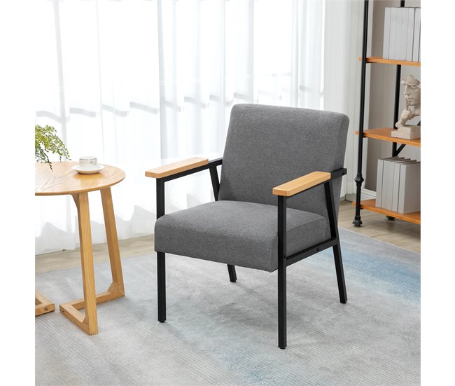 Butaca de Salón Poliéster, Espuma, Acero, Madera de Caucho HOMCOM Gris