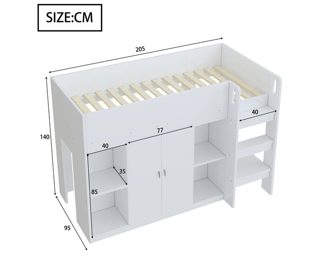 Cama alta para niños 95x205 Blanco