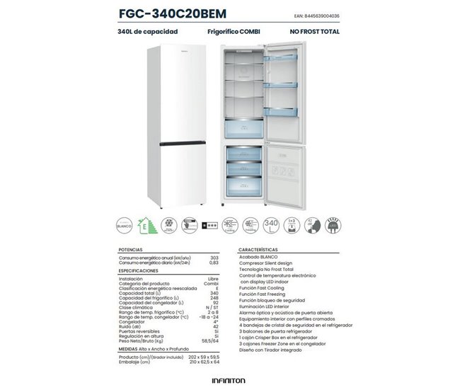 Frigorifico Combi INFINITON FGC-340C20BEM, 340 l, Total No Frost Blanco