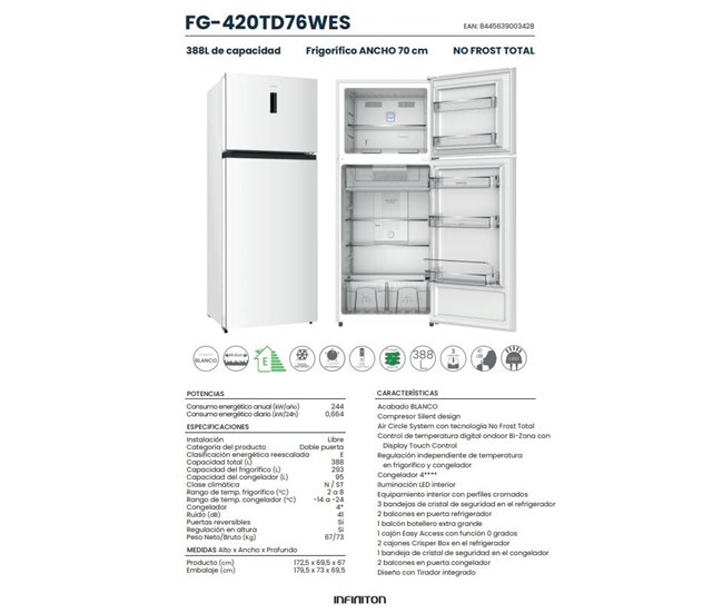 Frigorifico Dos Puertas Infiniton FG-420TD76WES, 388 l Blanco