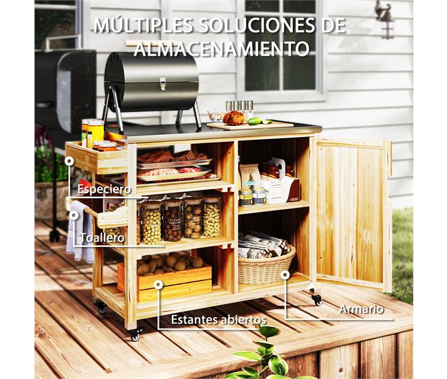 Carrito de Parrilla Acero, Madera de Abeto Outsunny Marron