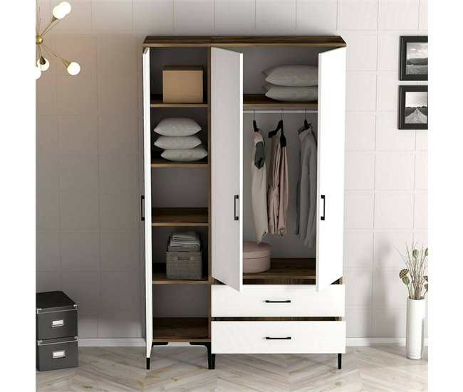Armário de 3 portas com efeito madeira 120 Blanco/ Madera