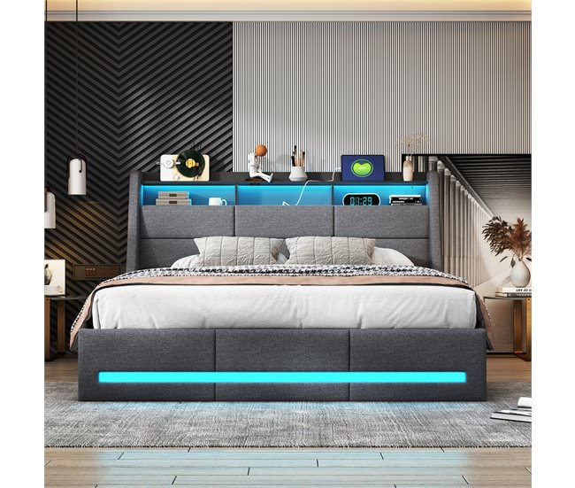 Cama, USB, Cama juvenil, LED Gris