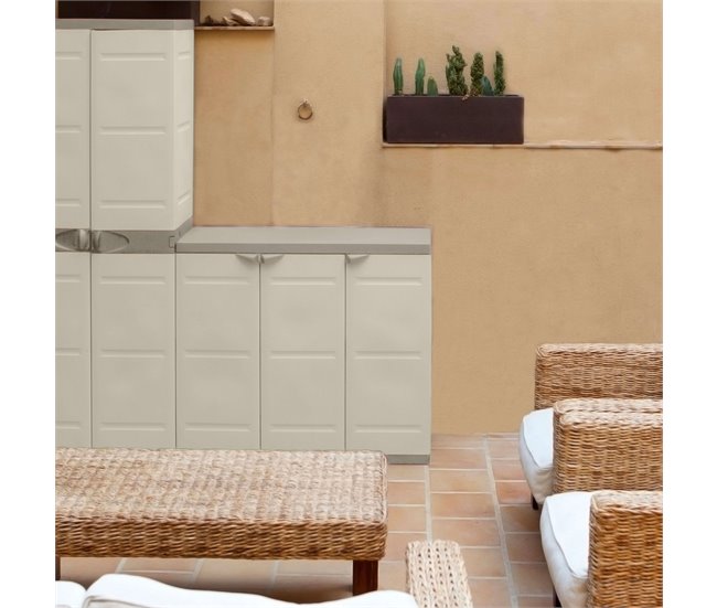 Armario bajo de exterior con 2 puertas y 2 estantes regulables Beige