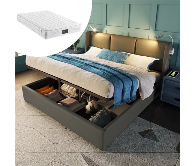 Cama de matrimonio de pu con almacenaje Gris