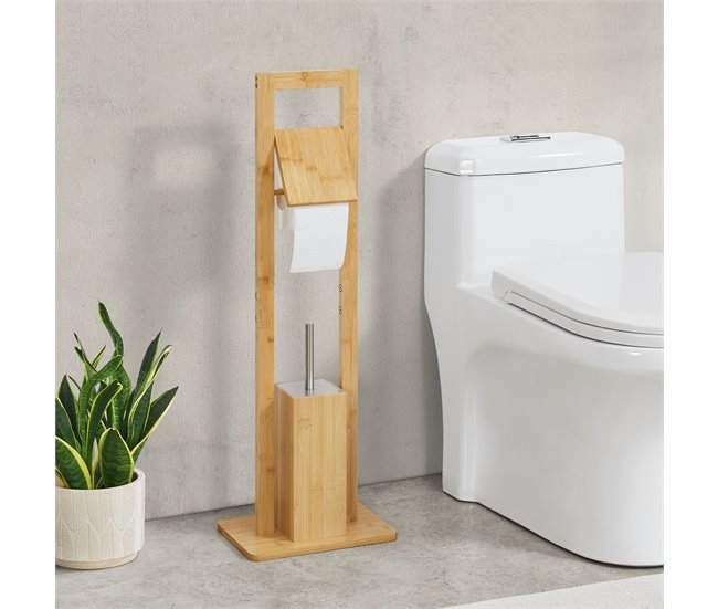 Escobillero de pie con portarrollos Västerås con escobilla bambú Gris/natural