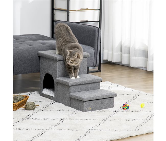 Escalera para Mascotas MDF, Lino sintético, Felpa, Algodón PP Gris