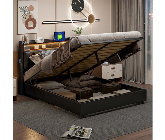 Cama con almacenamiento 200x140 Negro