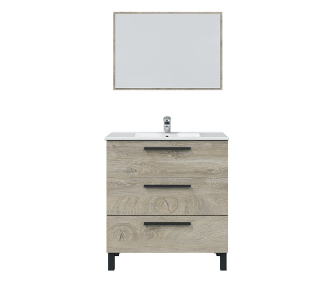 Mueble baño Alise 3 cajones, espejo y lavabo, Alaska Madera