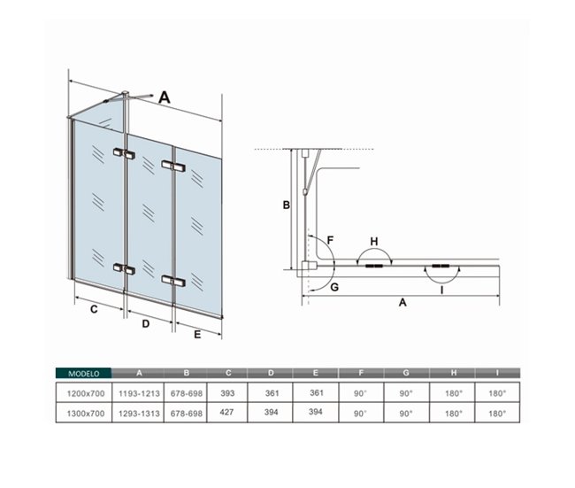Mampara de Bañera Plegable,3 Hojas+Panel Fijo,Vidrio Templado 6mm Antical, Alture 140cm,Ancho 2cm Ajustable Blanco/ Gris