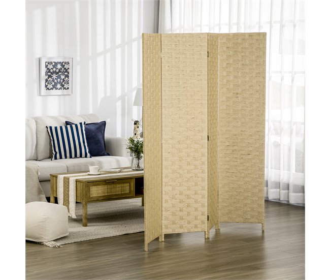 Biombo Separador Cuerda de Papel, Madera de Pino HOMCOM Marron