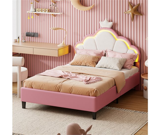 Cama, LED, Cama infantil, Cama juvenil, Cama doble 94x203 Rosa