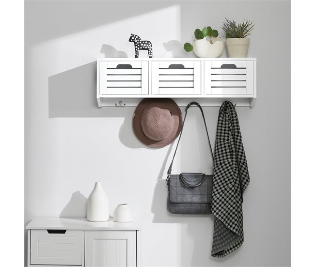 Perchero de pared con 3 Cestas y 4 Ganchos FHK19-W SoBuy Blanco