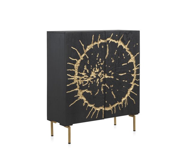 Aparador Alto De Madera De Mango Con 2 Puertas Y Pies De Metal Dorado Negro