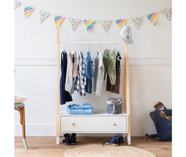 Perchero de madera y blanco con cajón para niños LOU Blanco